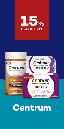 Suplementos da marca Centrum com destaque promocional de 15% sobre pre&ccedil;o de Venda ao P&uacute;blico Recomendado
